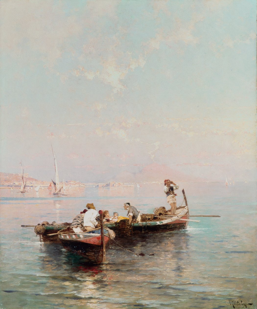 Barco de Pesca na Baía de Nápoles (óleo sobre tela) de Franz Richard Unterberger