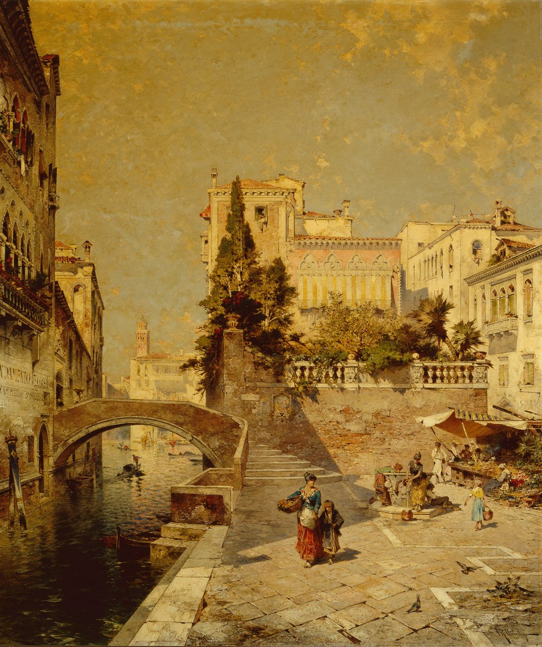 Fondamenta Zorzi, Campiello Santa Barbara, Veneza (óleo sobre tela) de Franz Richard Unterberger