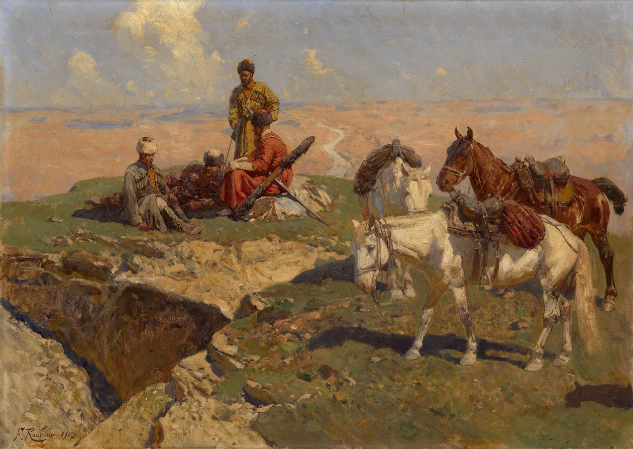 Cavaleiros caucasianos em repouso, 1917 de Franz Roubaud