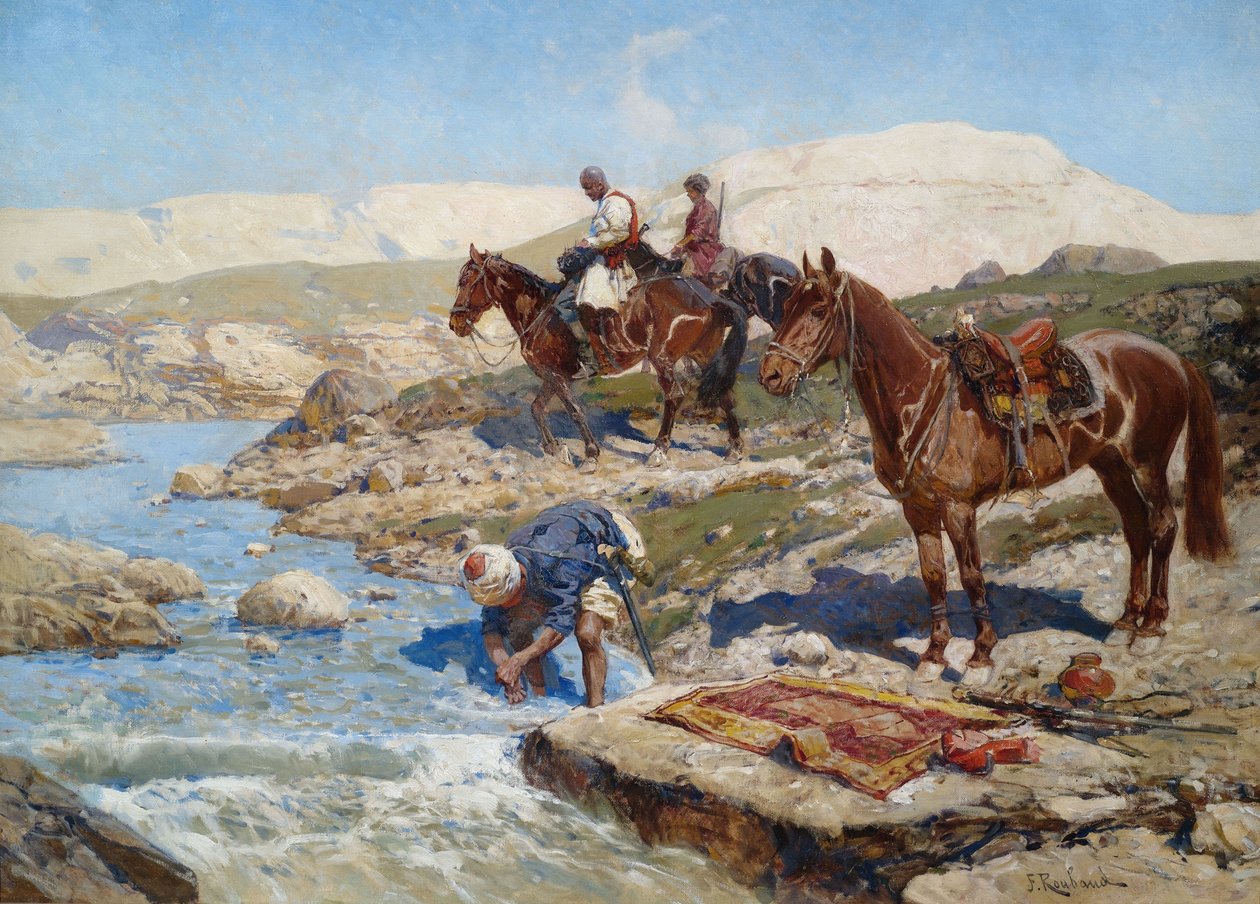 Cavaleiro Cherkessian atravessando o rio de Franz Roubaud