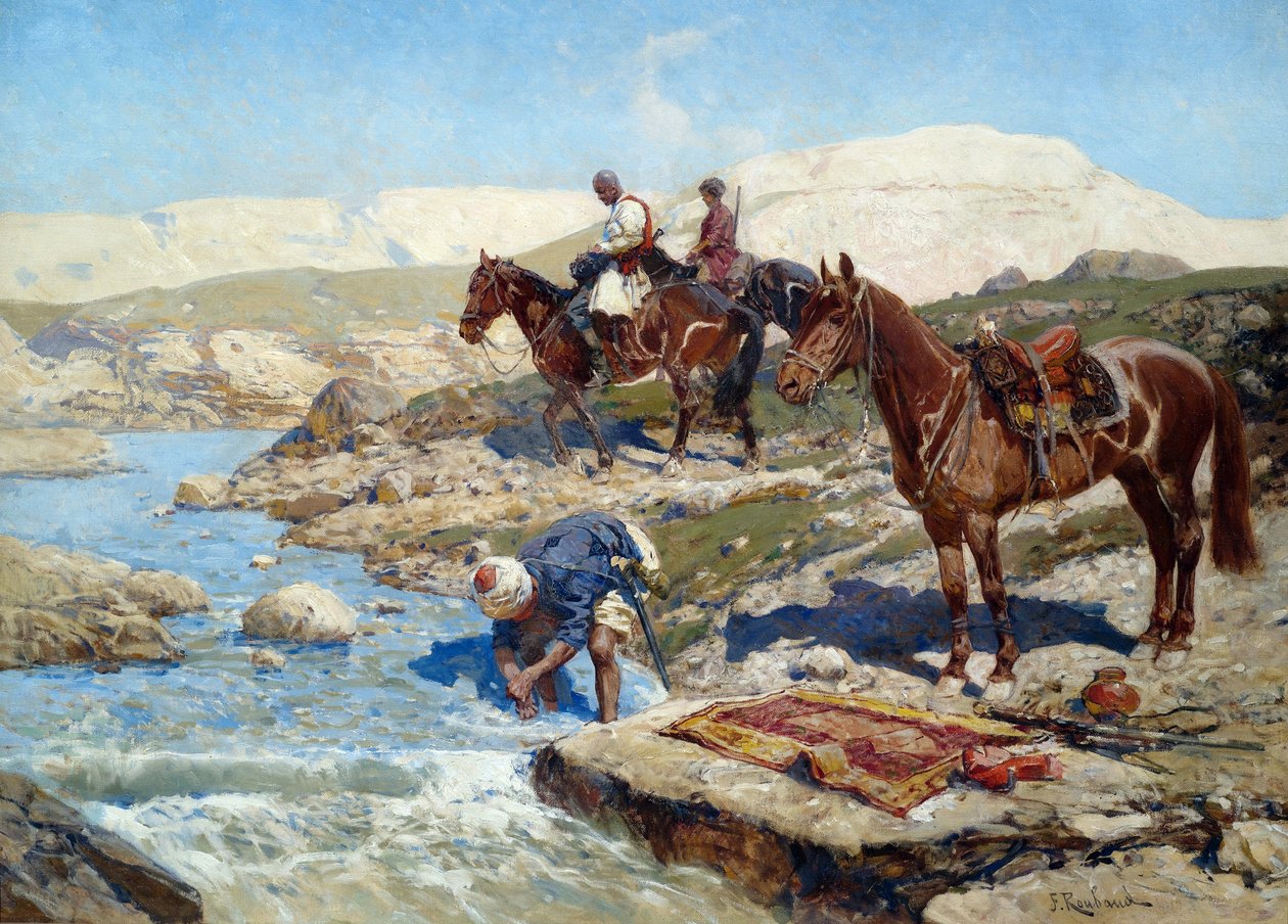 Cavaleiros de Cherkessian Atravessando o Rio de Franz Roubaud