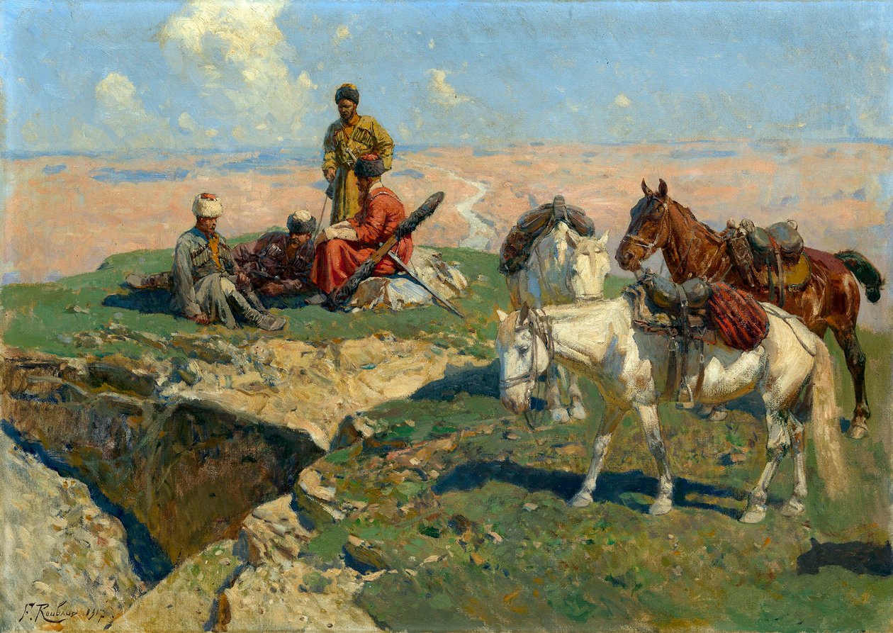 A parada dos guerreiros caucasianos - Pintura de Franz Roubaud (1856-1928) de Franz Roubaud
