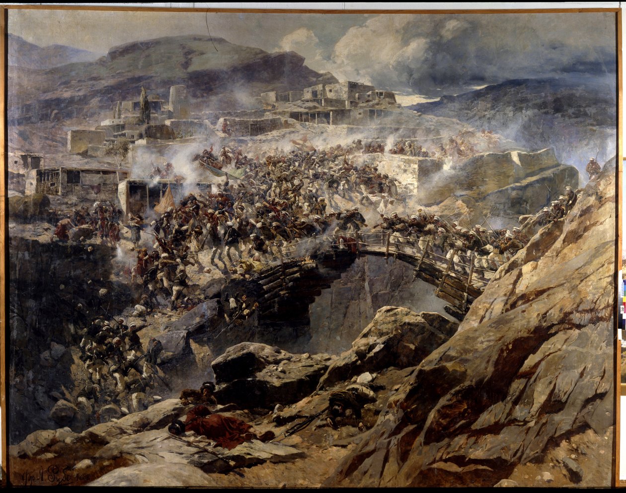 O Cerco de Akhulgo: Em 1839, Chamil (Imã Chamil, Shamil) (1797-1871) e os seus seguidores muçulmanos do Cáucaso, são sitiados no seu forte nas montanhas, antes de serem massacrados pelo exército russo - Pintura por Franz Roubaud (1856-19 de Franz Roubaud