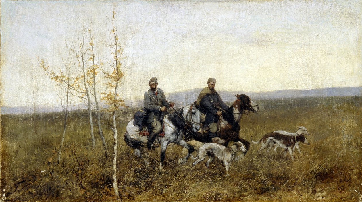 Os caçadores. Pintura de Franz Roubaud (1856-1928), óleo sobre tela de Franz Roubaud