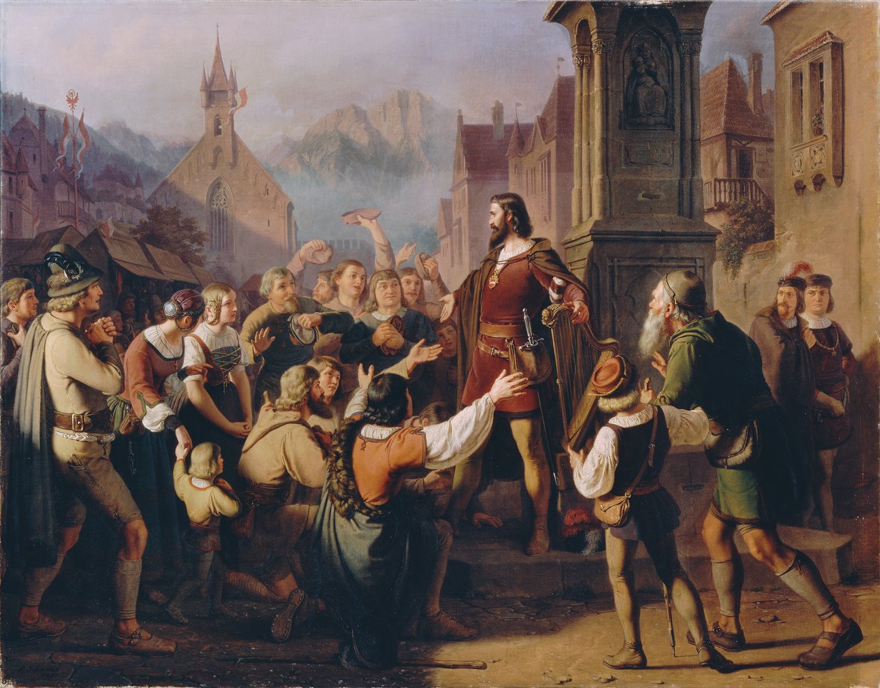 O Duque Frederick IV, disfarçado de trovador, revela-se aos seus leais tiroleses em fuga de Constance de Franz Schams
