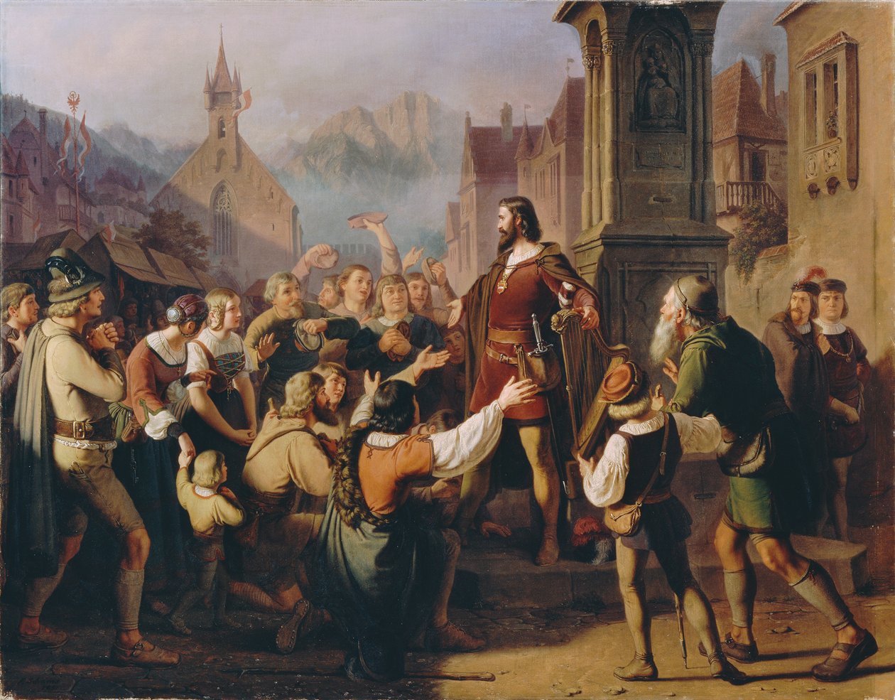O duque Friedrich IV, disfarçado de menestrel, revela-se aos seus fiéis tiroleses..., 1851. de Franz Schams