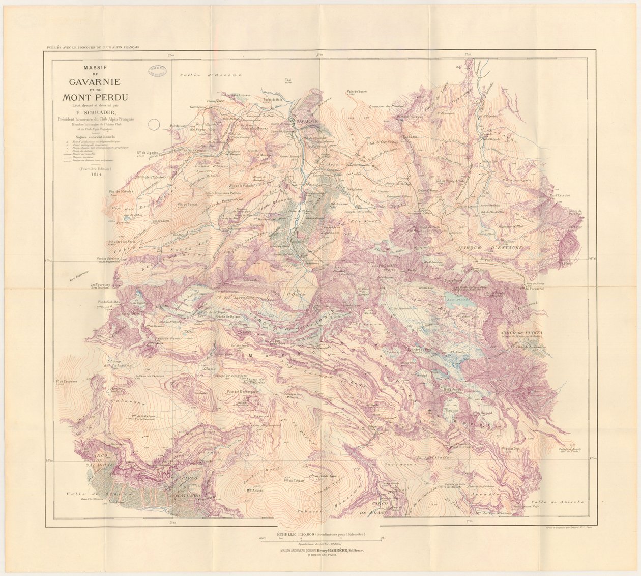 Mapa do maciço de Gavarnie e da Montanha Perdida publicado em 1914 de Franz Schrader