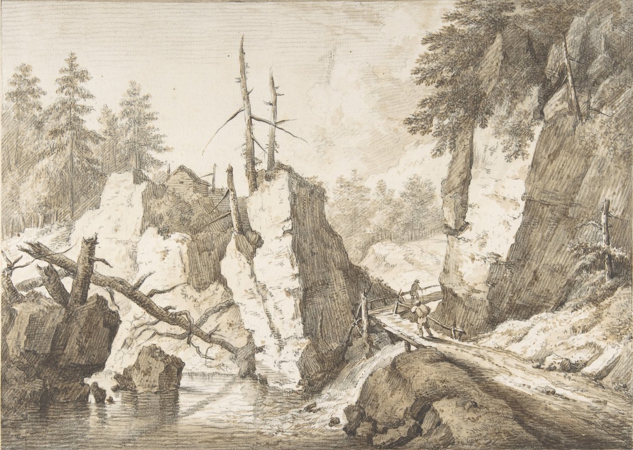 Paisagem montanhosa suíça com pequena ponte sobre um riacho, 1751-81. de Franz Schutz