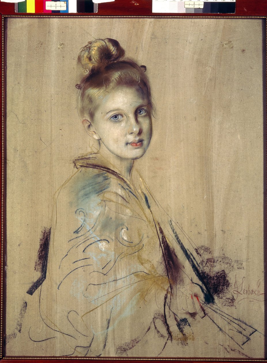 Moça com um fã (Girl With A Fan). Obra de Franz von Lenbach (1836-1904), pastel sobre cartolina, por volta de 1880. Arte alemã do século XIX. State Hermitage, São Petersburgo. de Franz Seraph von Lenbach