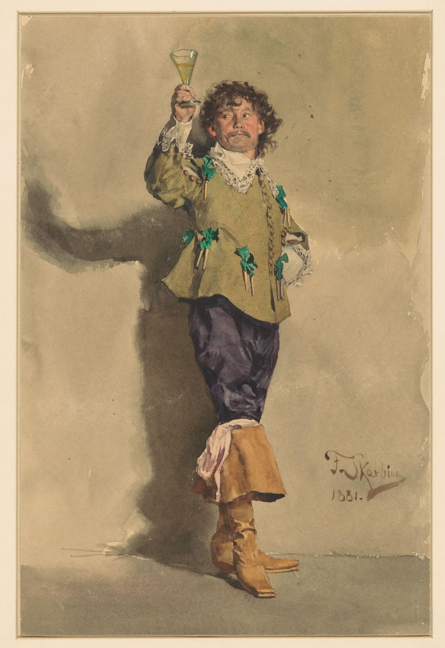 Homem com vestido Louis XIII, de pé, três quartos para a direita, levantando um copo de vinho de Franz Skarbina
