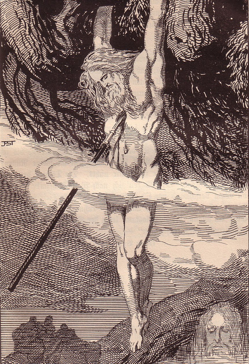 Odin pendurado na árvore do mundo. Ilustração para The Edda: Germanic Gods and Heroes por Hans von Wo de Franz Stassen