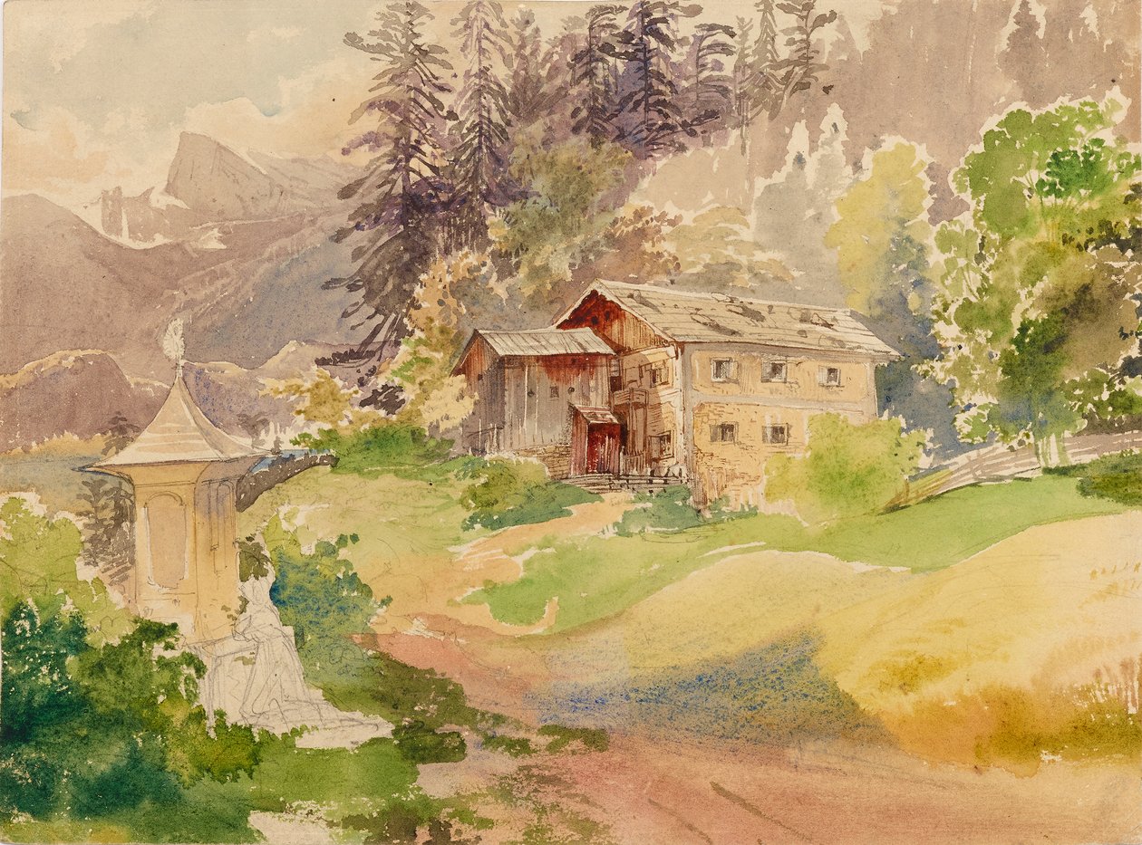 Paisagem Alpina com Casa de Campo e Mulher em Frente a um Santuário de Franz Steinfeld