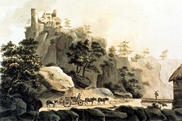 Vista da Ribeauville Road e do Castelo Grande Ribeauville (gravura a cores) de Franz Walter