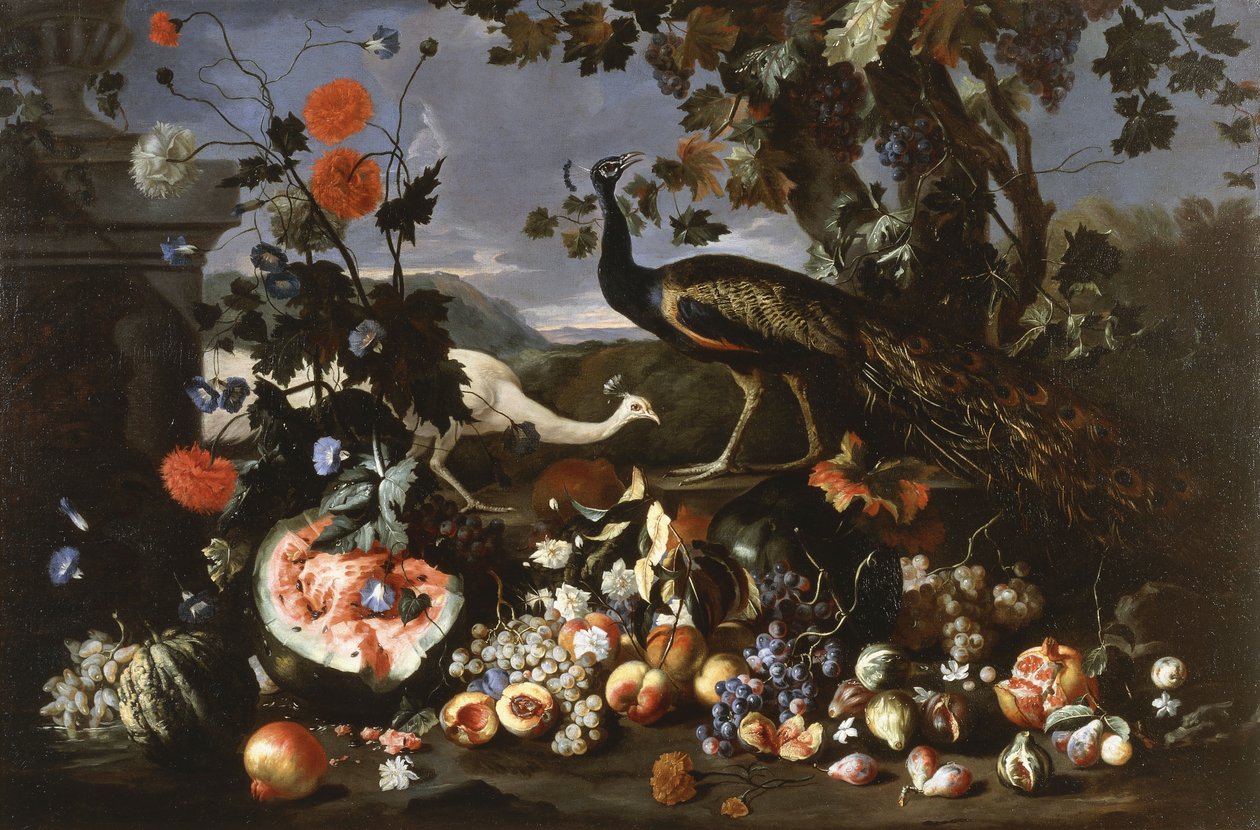Um pavão e um Penhen com frutas e flores em um parque, de Franz Werner Tamm