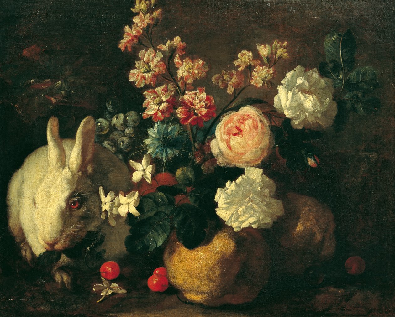 Natureza morta com coelhos, flores e frutas de Franz Werner Tamm
