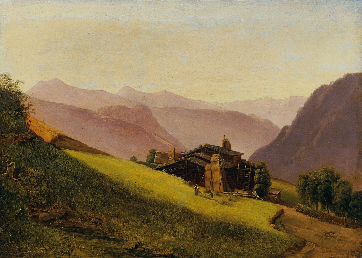 Paisagem montanhosa com cabanas alpinas e agricultores feno de Franz Wipplinger