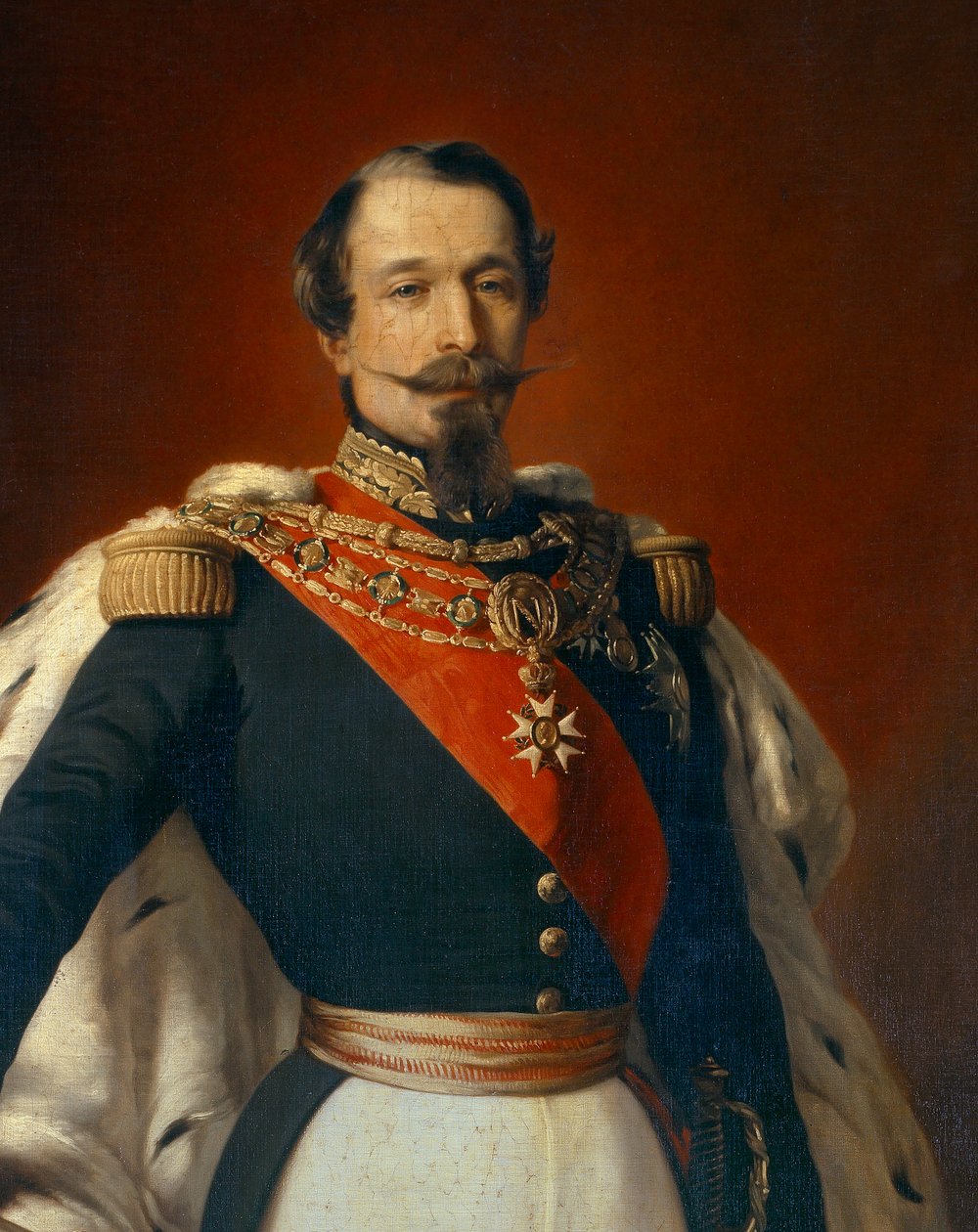 Retrato de Napoleão III (1808-1873), Imperador dos franceses em frente a uma vista do Castelo de Saint Cloud. Detalhe da pintura de Franz Xaver Winterhalter (1806-1873) 1855 Dim. 2,4x1,5 m de Franz Xaver  Winterhalter (after)