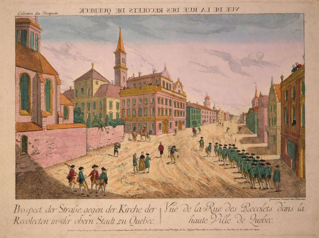 Fue de la rue des Recolets de Quebec, publicado c.1770s (gravura colorida à mão) de Franz Xaver Habermann