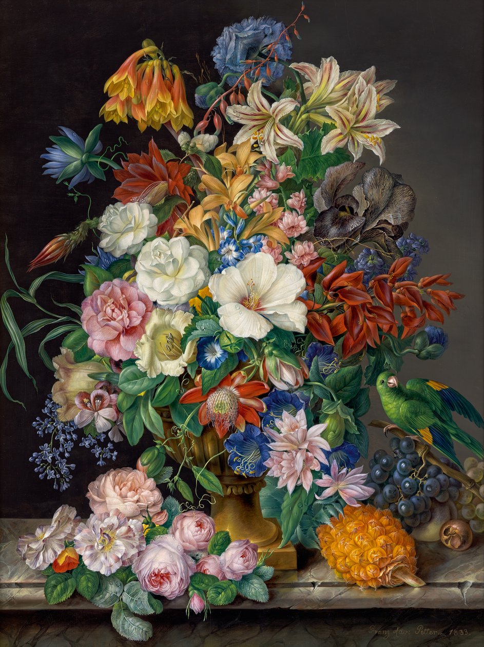 Peça floral com ananás, uvas e papagaio de Franz Xaver Petter
