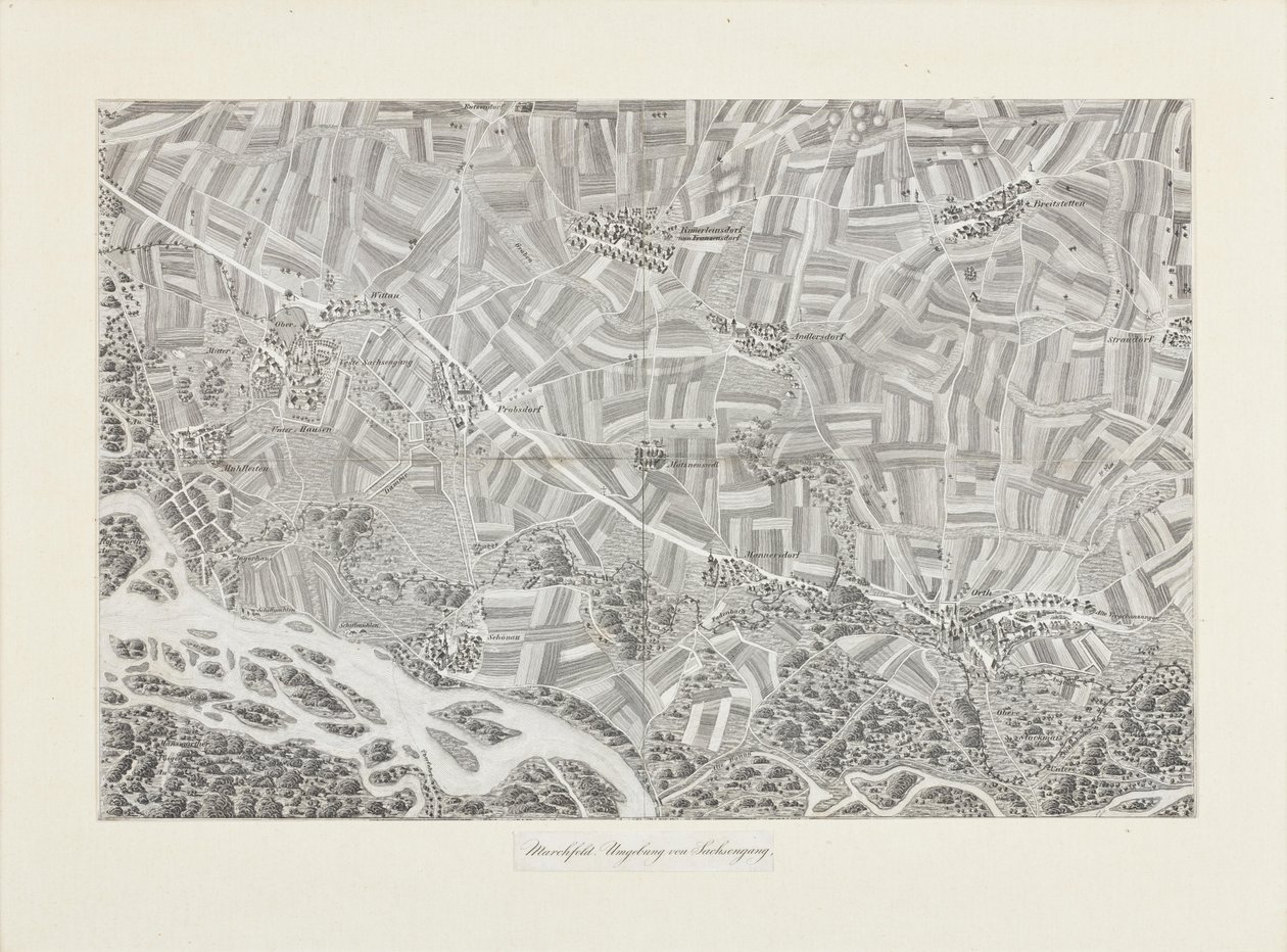 Mapa em perspetiva do Marchfeld. Arredores de Sachsengang de Franz Xaver Schweickhardt