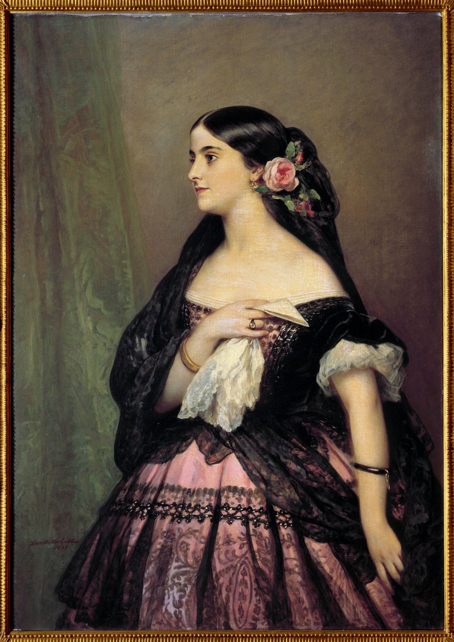 Adelina Patti. Retrato da cantora Adelina Patti (1843-1919), soprano espanhol interpretando o papel de Rosine em "The Barbiere di Siviglia" (Barbeiro de Sevilha) de Gioacchino Rossini. Pintura de Xaver Winterhalter (1806-1873) de Franz Xaver Winterhalter