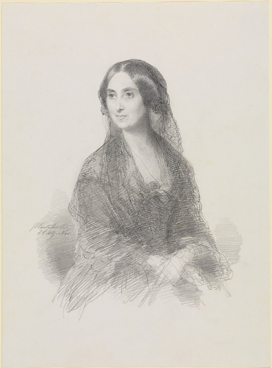 Retrato de uma senhora vestida com trajes espanhóis, sentada, em meio corpo de Franz Xaver Winterhalter