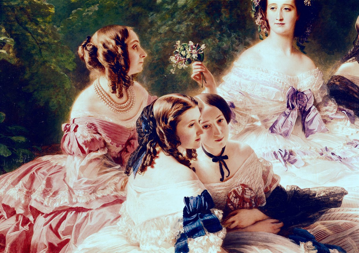 Imperatriz Eugenie (1826-1920) e suas Damas da Espera, detalhe da Princesa de Essling, a Baronesa de Pierres e a Viscondessa de Lezay-Marnesia, 1855 de Franz Xaver Winterhalter