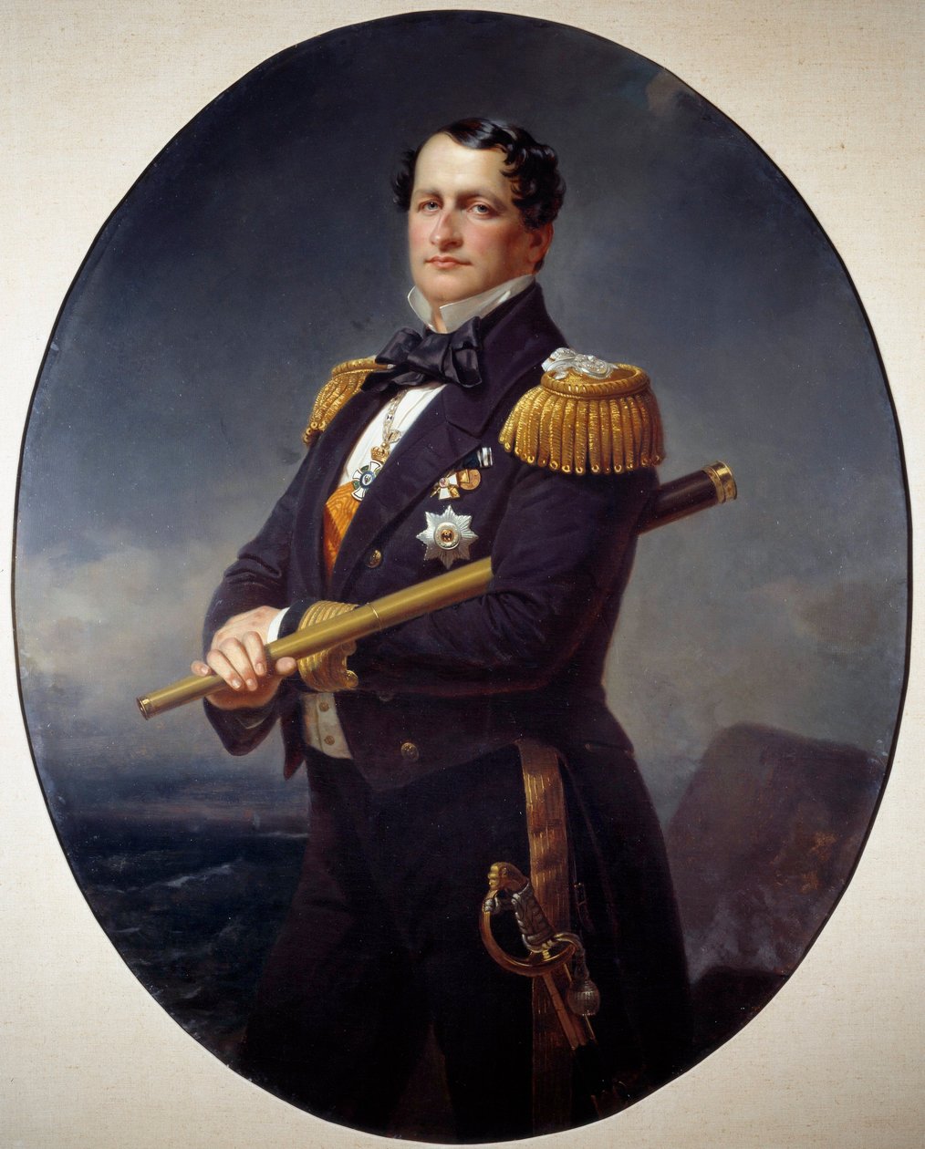 Retrato de um Almirante Um almirante naval, com uma longa vista, uma paisagem marinha ao fundo. Pintura de Xaver Winterhalter (1806-1873) Brest do século XIX, Museu de Belas Artes de Franz Xaver Winterhalter