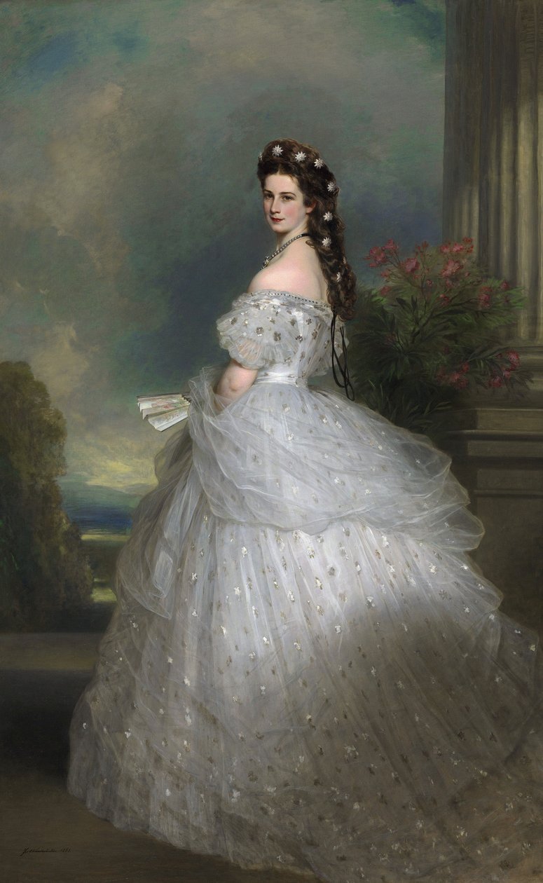 Portuguese: Imperatriz Isabel da Áustria: Tem o cabelo enfeitado com estrelas de ouro branco cravejadas de diamantes. Empress Elisabeth of Austria in Courtly Gala Dress with Diamond Stars de Franz Xaver Winterhalter