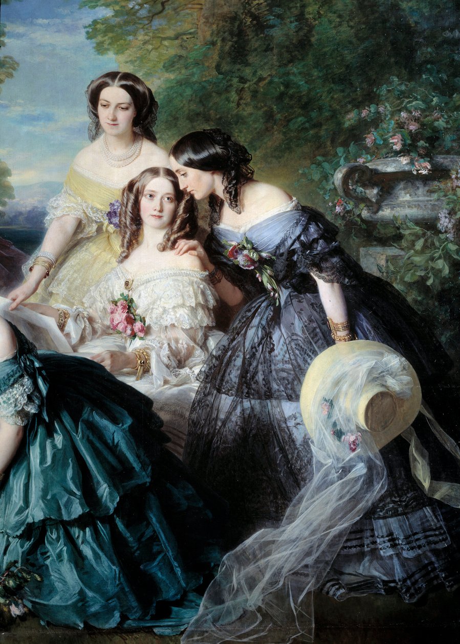 A Impression Eugenie (1826-1920) em 1855 cercou as damas de honra do Palácio dos Pormenores representando a Baronesa de Malaret, nee Nathalie de Segur (amarela), Marquise de las Marismas (branca) e Marquise de La Tour Maubourg. Pintura de Franz Xavier Wi de Franz Xaver Winterhalter