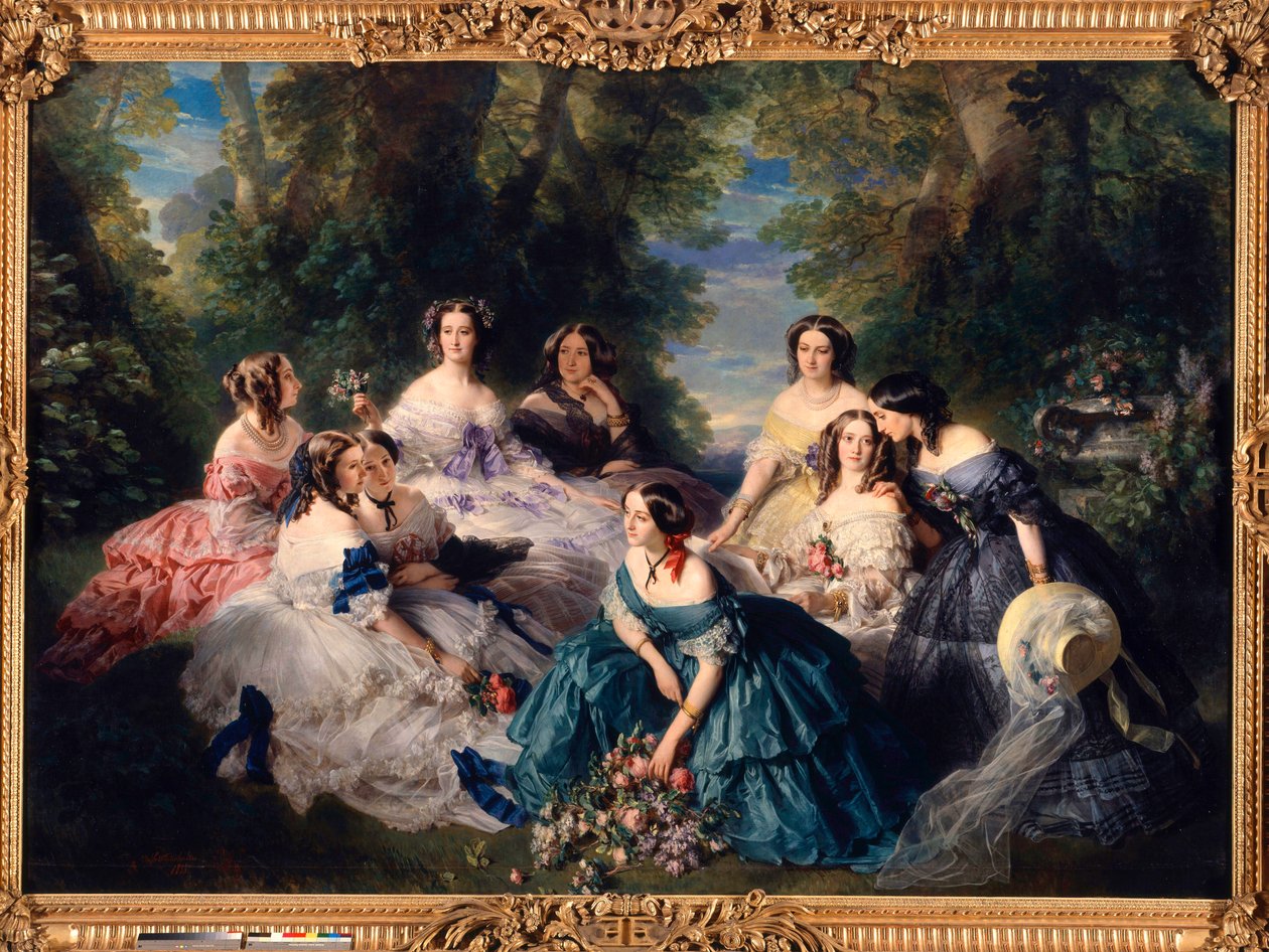 A Impression Eugenie (1826-1920) em 1855 cercou as damas de honra do palácio. Da esquerda para a direita: Princesa de Essling, Grande Maitre; Baronesa de Pedras, Viscondessa Lezay-Marnezia (Lezay Marnezia); Marquesa de Montebello (Miss de Villeneuve). Para de Franz Xaver Winterhalter