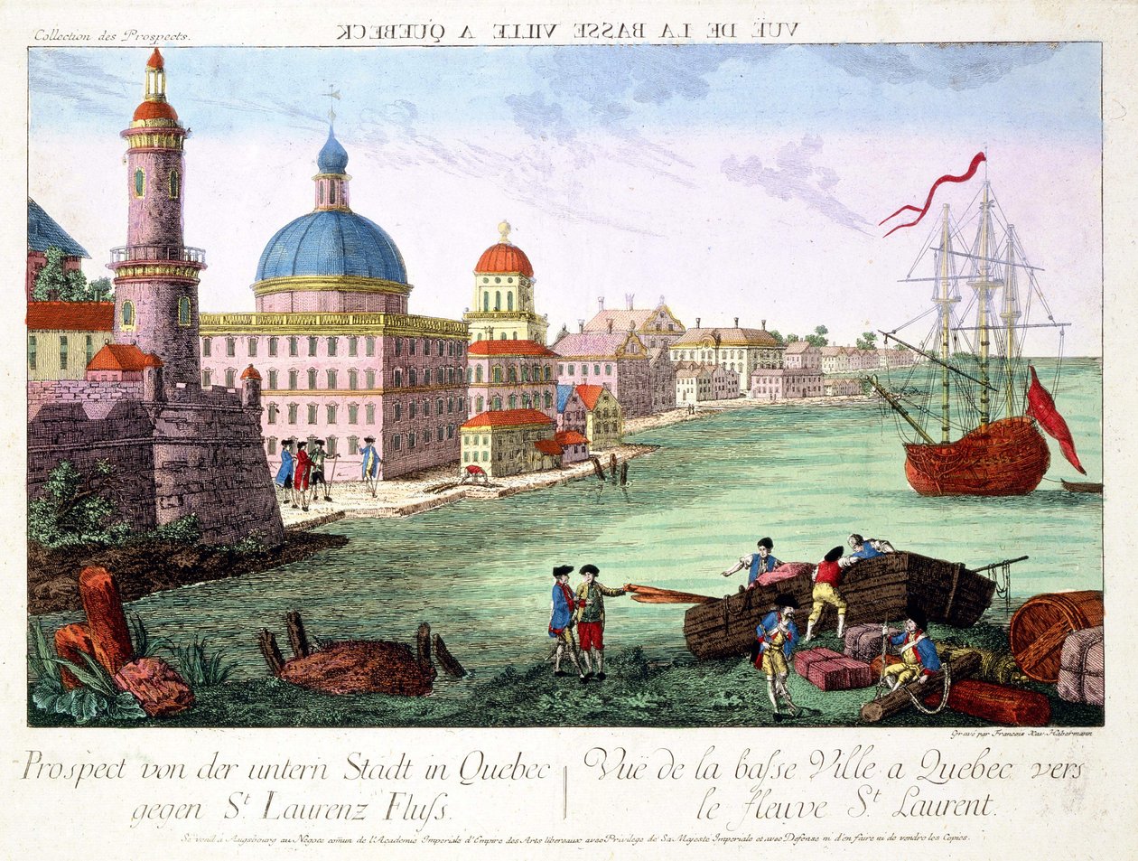 Vista da Baixa da cidade de Quebec em direção ao rio St. Lawrence. Gravura de Franz-Xavier Habermann de Franz Xavier Habermann