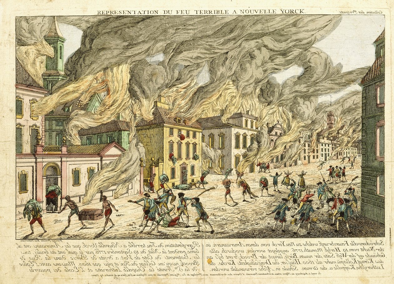 Vista de Nova York durante o grande incêndio de 1776; Representação da Terrível Terrível em Nova York, 1780 de Franz Xaver Habermann