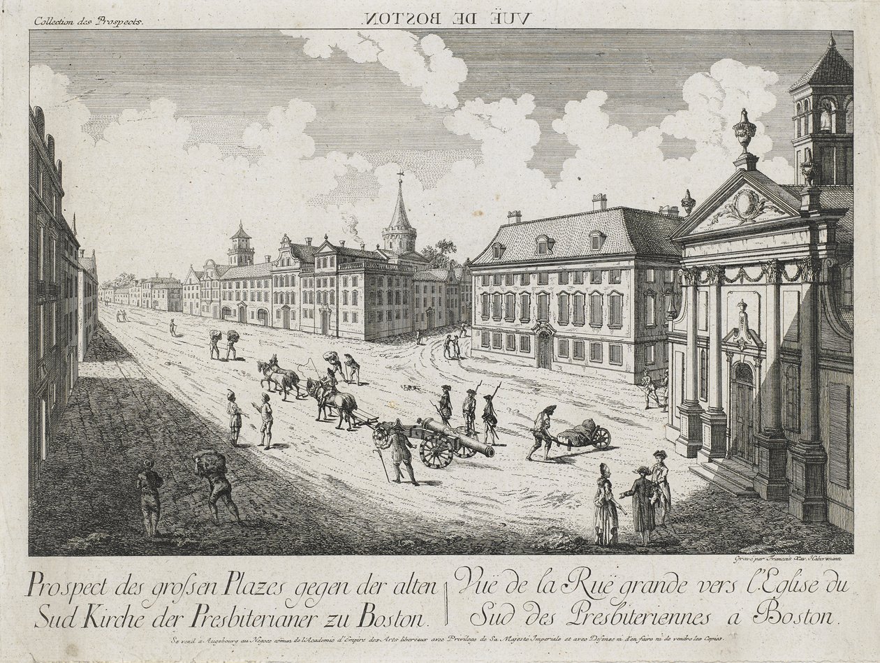 Vue d&39;Optique - Prospect des grossen Plazes gegen der Alten Sud Kirche der Presbiterianer zu Boston (Visão ótica - Visão das grandes praças em direção à Igreja Presbiteriana Old South em Boston), c. 1776 (gravura e gravura, sem cor em papel vegetal) de Franz Xavier Habermann