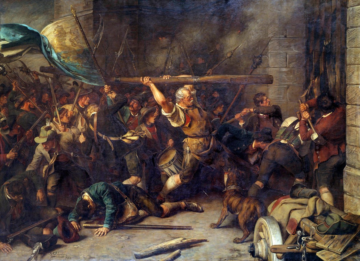 A revolta dos camponeses em 1850 O assalto à barreira vermelha" Pintura de Franz Defregger (1835-1921) de Franz von Defregger