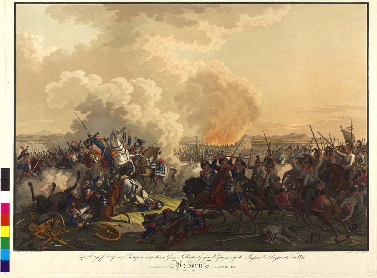 Batalha de Aspern 1809 (gravura a cores) de Franz von Habermann
