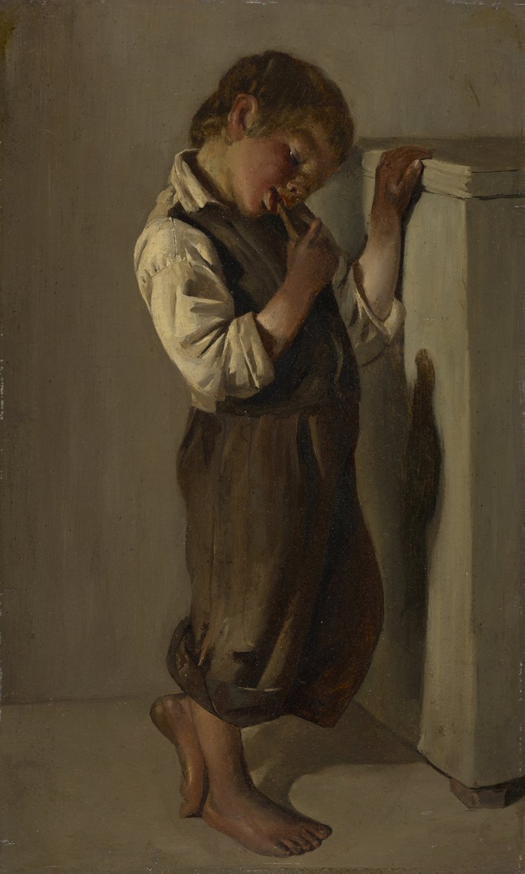 Garoto da fazenda comendo pão na sala de estar de Franz von Lenbach