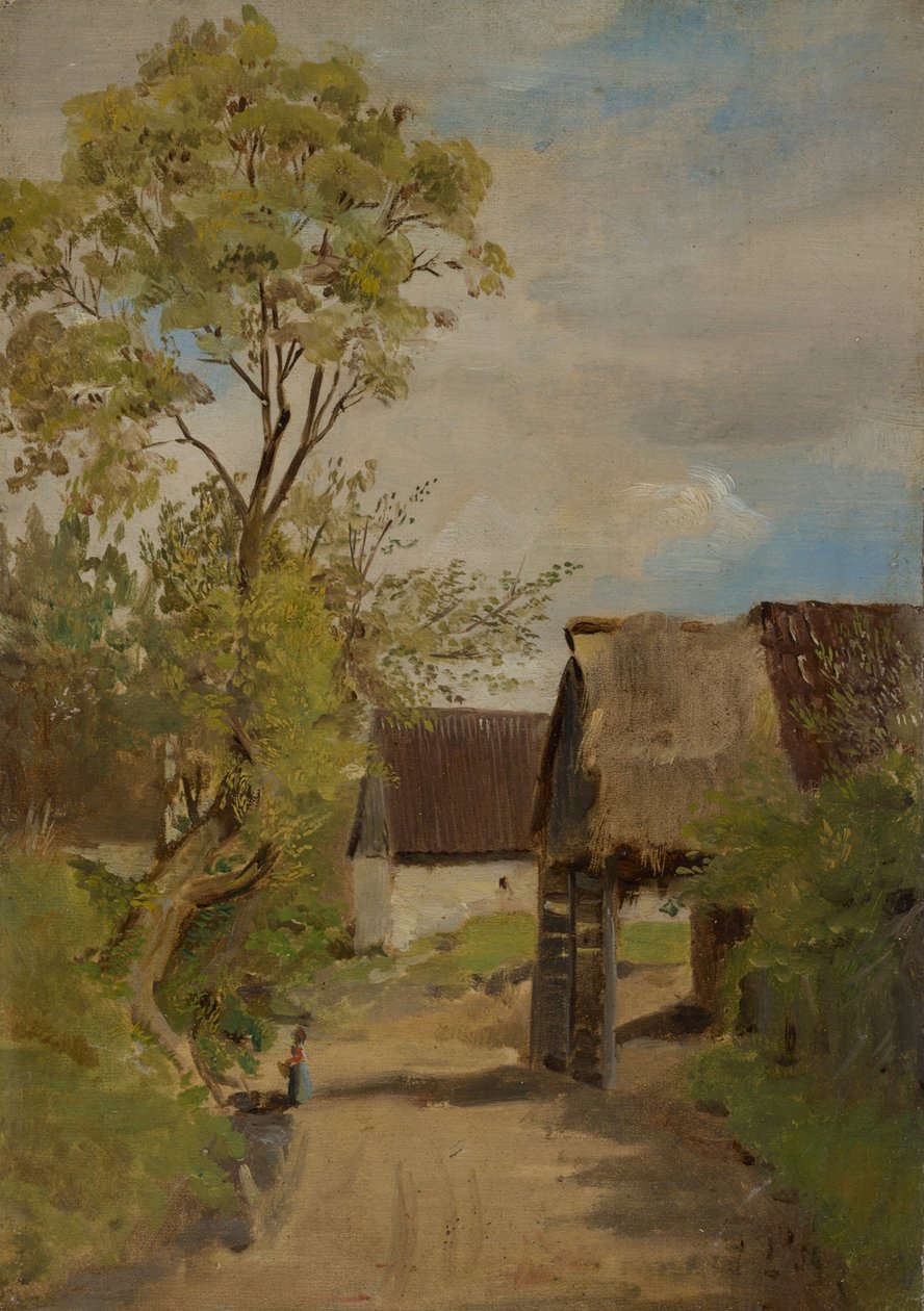 Rua da aldeia em Aresing (?) com figura feminina de Franz von Lenbach