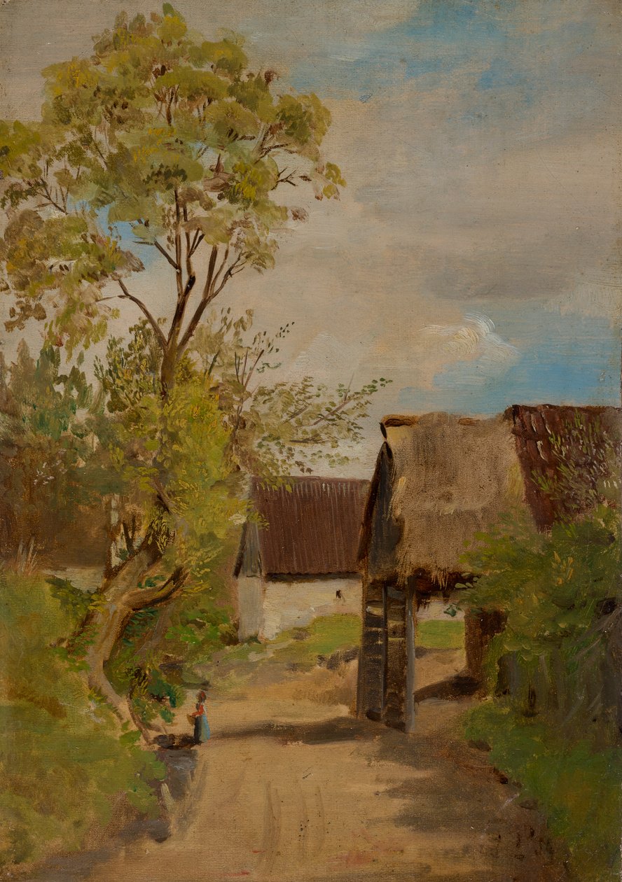 Rua de aldeia em Aresing (?) com figura feminina de Franz von Lenbach