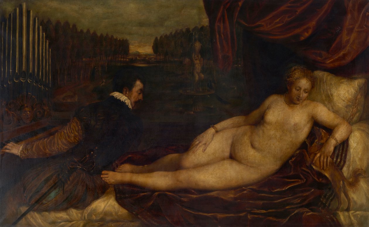 Cópia inspirada em Ticiano: Vénus a descansar e o organista de Franz von Lenbach
