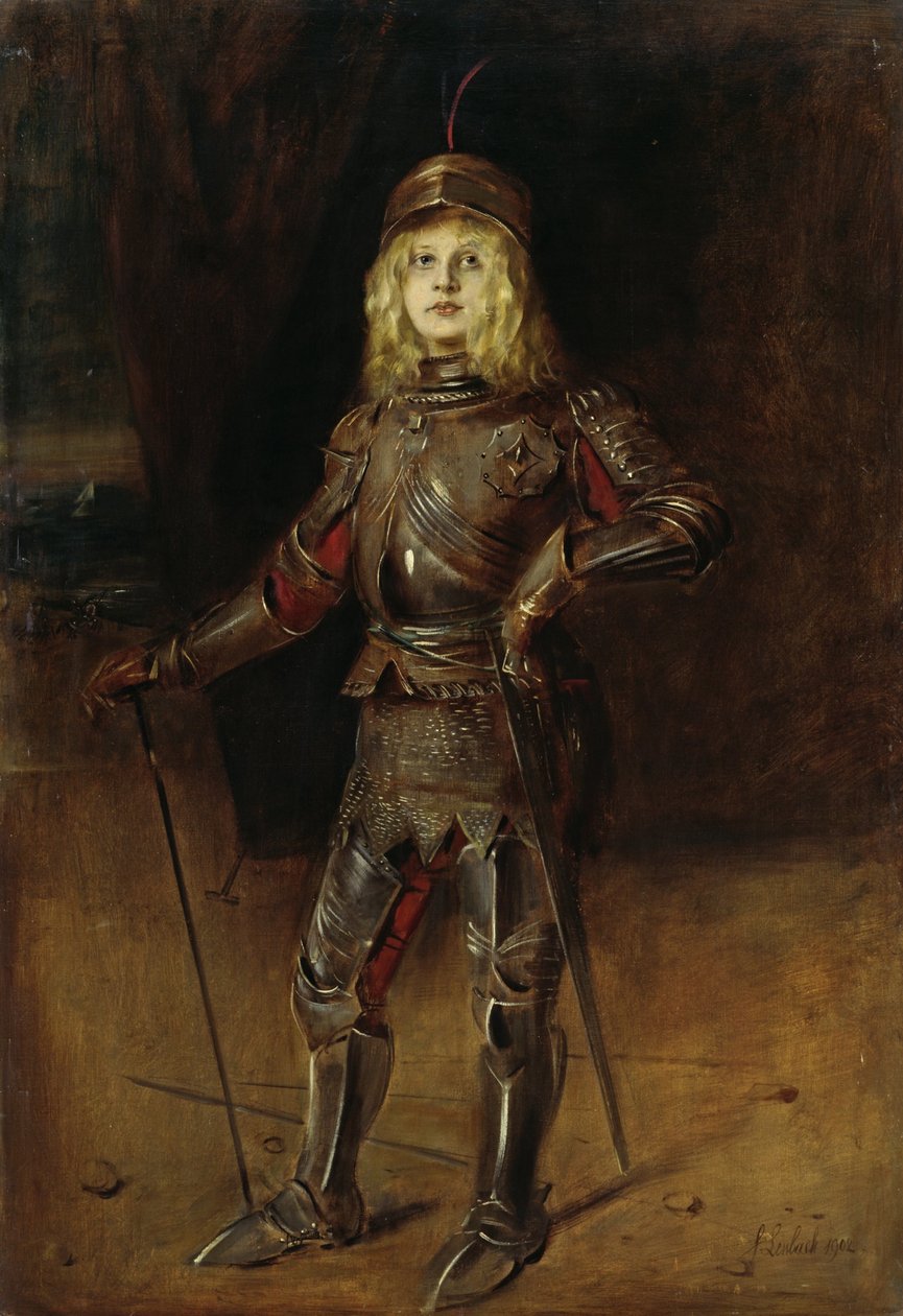 Marion Lenbach com a armadura de cavaleiro de Franz von Lenbach