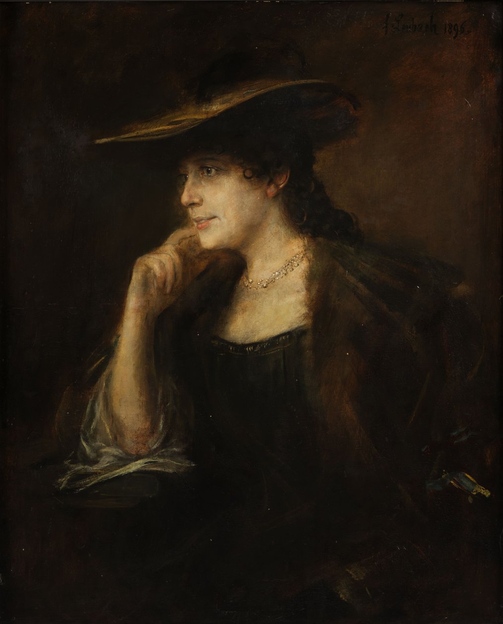 Retrato de uma jovem com gola de pele e chapéu de abas largas de Franz von Lenbach