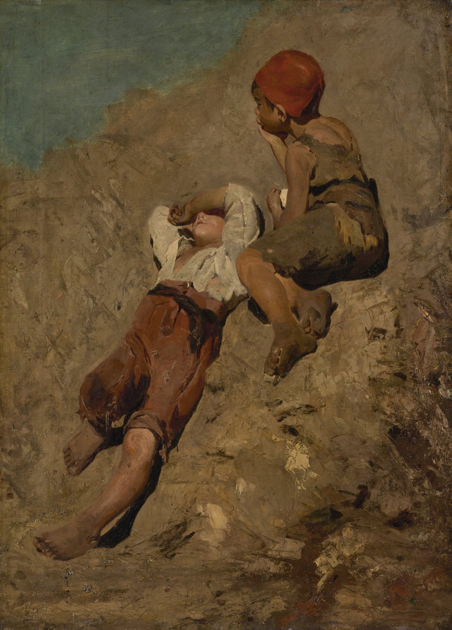 Dois meninos camponeses em uma encosta de Franz von Lenbach