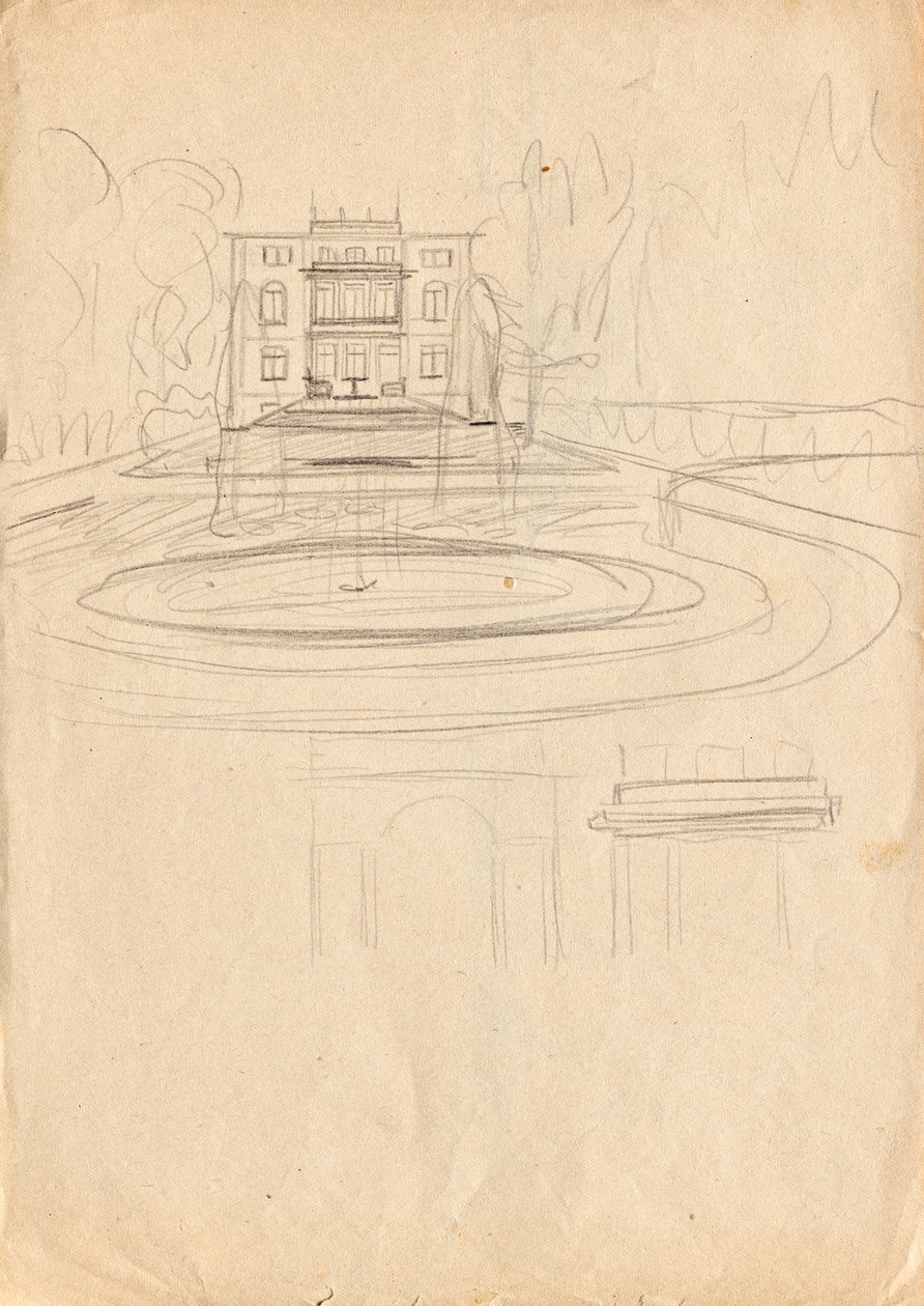 Esboços de design para Matcha Atelier Villa - vista do jardim com fonte de Franz von Matsch