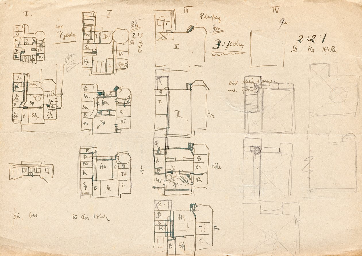 Esboços de design para a villa do estúdio Matsch - plantas baixas de Franz von Matsch