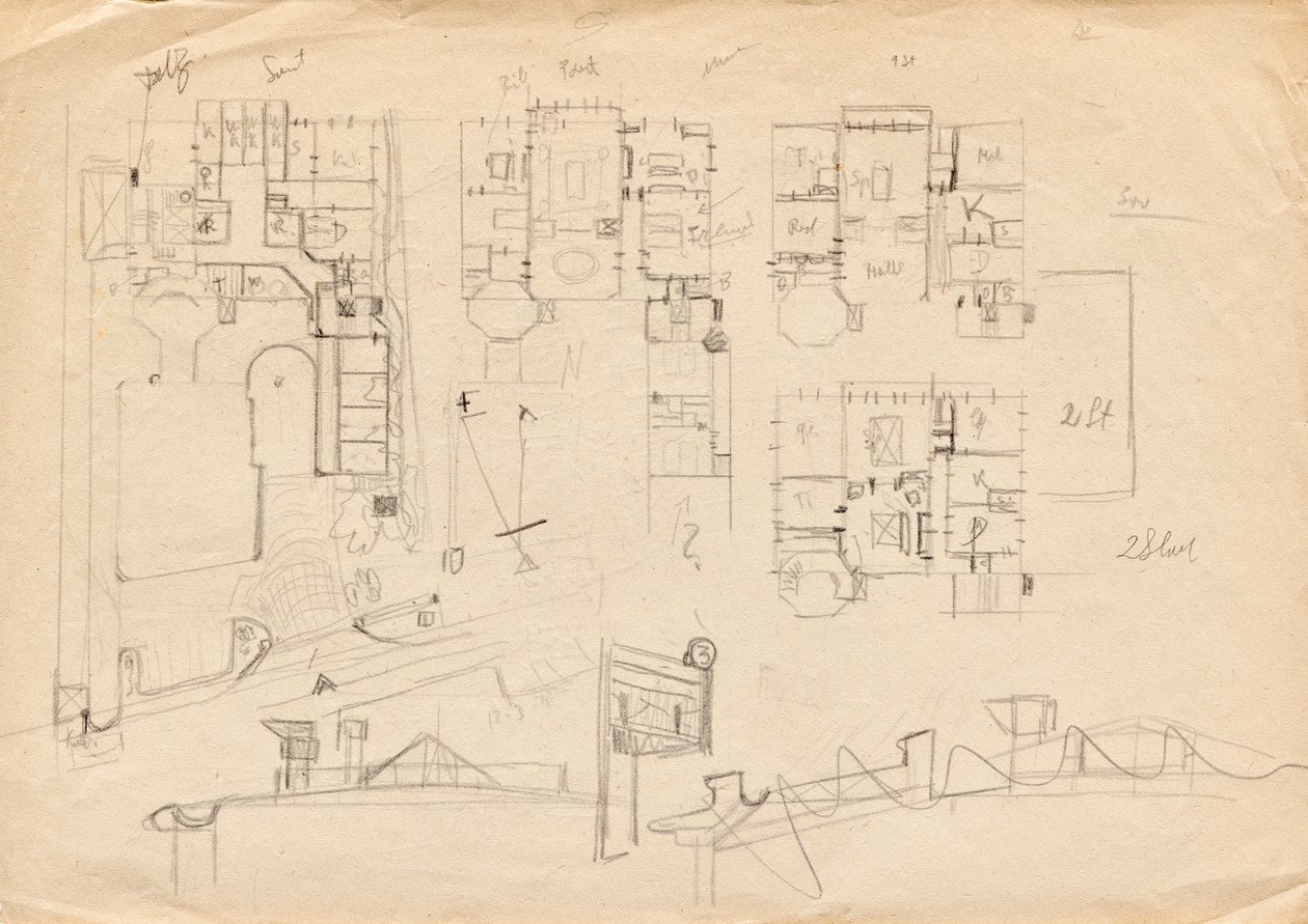 Esboços de design para a vivenda do estúdio Matsch - plantas e construção do telhado de Franz von Matsch