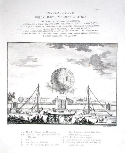 Primeiro vôo de balão de ar quente tripulado na Itália feito por Paolo Andreani (1763-1823) 1784, gravado por Girolamo Mantelli, publicado em 1785 (gravura) (ver também 206819) de Fratelli Gerli (after)