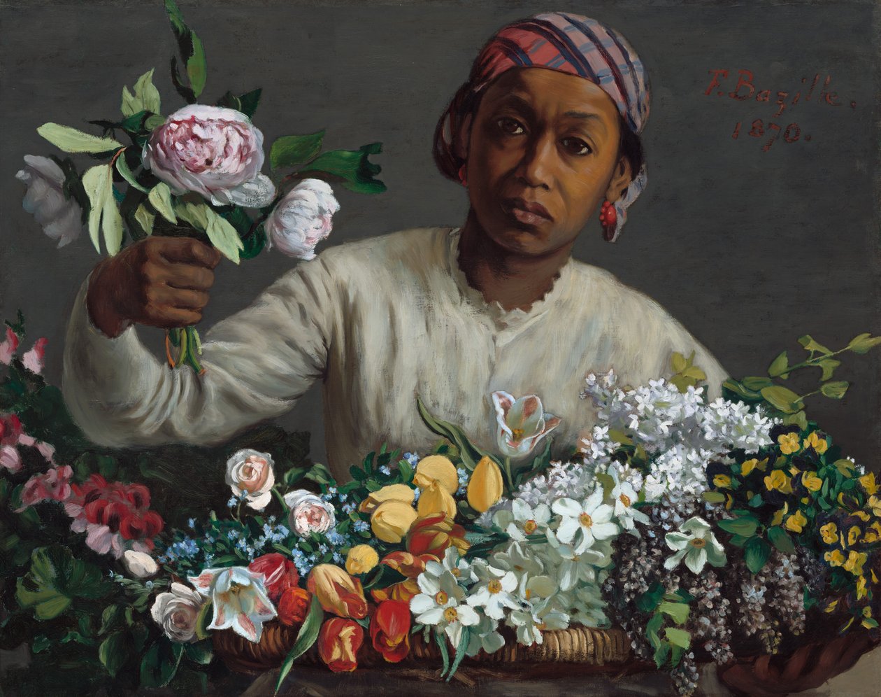 Mulher jovem com peônias de Frédéric Bazille