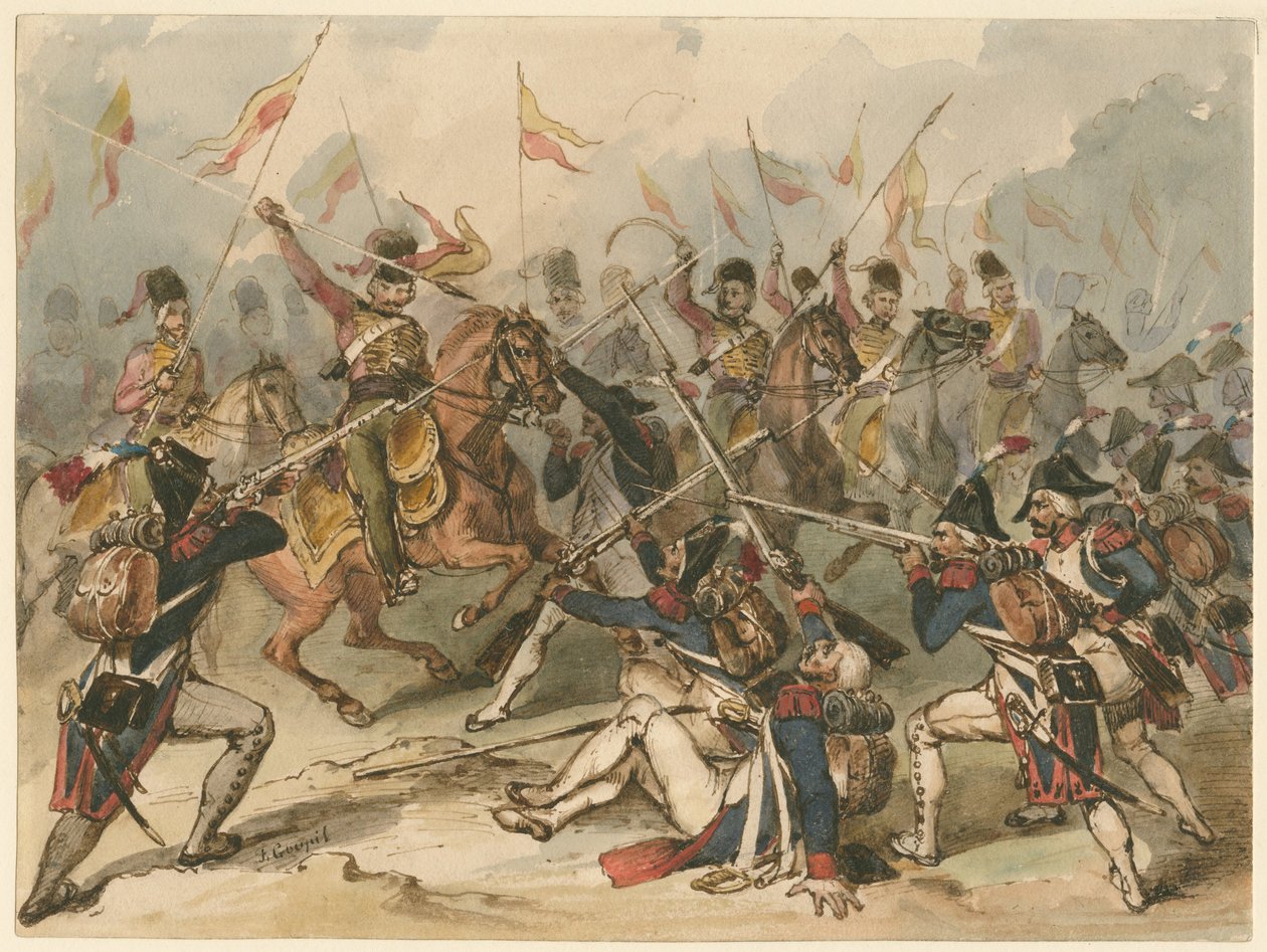 Infantaria francesa e hussardos russos em combate em Austerlitz de Frédéric Goupil Fesquet