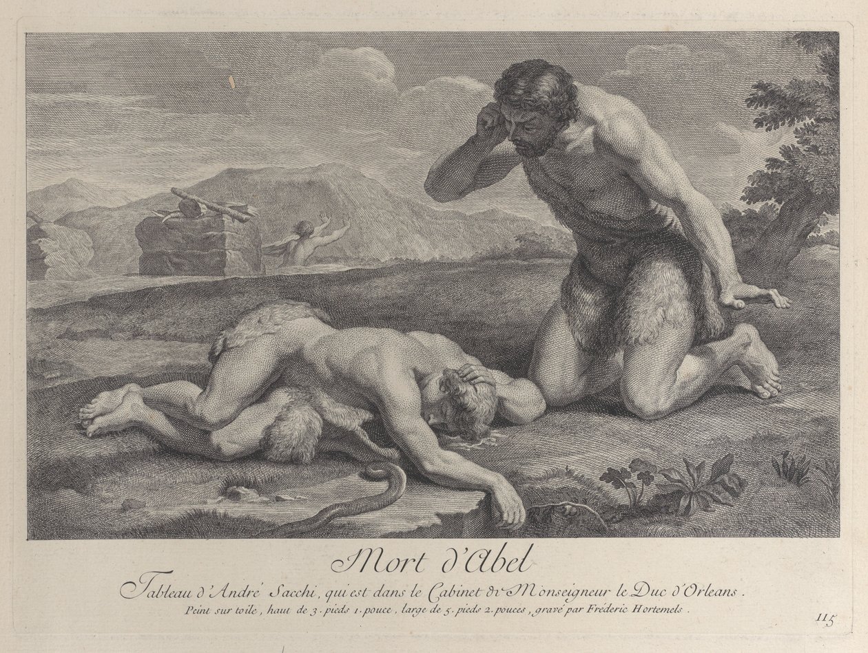 Adão se ajoelha em luto ao lado do corpo de Abel, enquanto Caim foge ao fundo, ca. ..., cerca de 1729. de Frédéric Horthemels